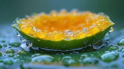 Close-up of yellow pollen or spores in a water droplet on a green leaf.