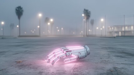 Robotic Hand Glowing Pink on Concrete in Foggy Urban Landscape