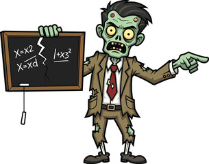 Cartoon zombie teacher holding chalkboard with math equations, spooky undead professor character, funny horror classroom illustration, creepy Halloween education vector