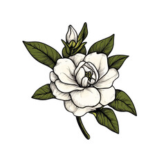 Fototapeta premium Intricate Engraving of Gardenia Flower with Leaves in Elegant Style, isolated on transparent background.