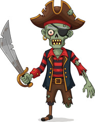 Zombie pirate, scary pirate, horror zombie, creepy buccaneer, undead corsair, spooky sailor, evil pirate, Halloween zombie, cad drawing flat vector illustration