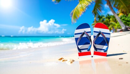 Flip-flops on a white sand beach, turquoise water under a vibrant blue sky