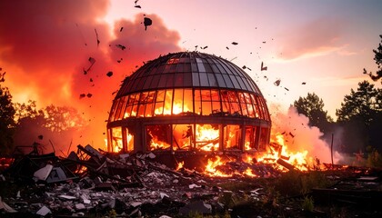 Fototapeta premium Burning Building with Flames and Debris Under a Fiery Sky