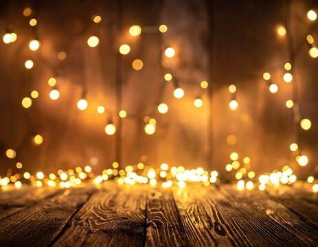 Warm holiday lights on rustic wood