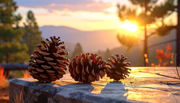 Sunset, pine cones, mountain view