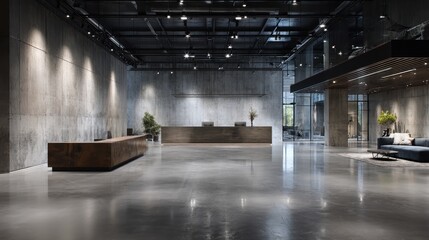 Modern Minimalist Lobby with Dramatic Spotlight Illumination and Polished Concrete Floors.