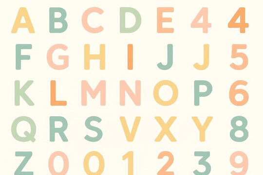 Soft pastel colored alphabet letters and numbers arranged in a grid pattern for education and design
