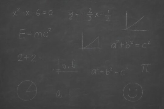 Handwritten mathematical equations and graphs drawn on a dark chalkboard surface for education