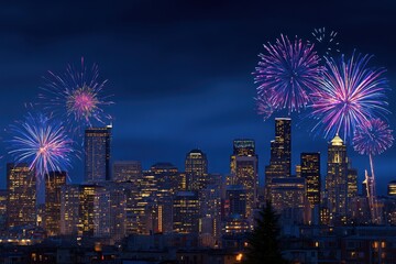 Spectacular fireworks illuminate Seattle skyline at night, celebrating a festive occasion