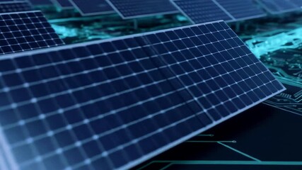 Close-up view of solar panels on a digital circuit background, showcasing renewable energy technology - Powered by Adobe