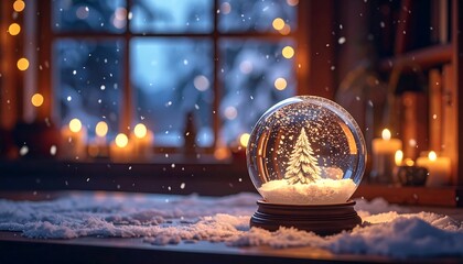Snow globe with Christmas tree in a cozy room