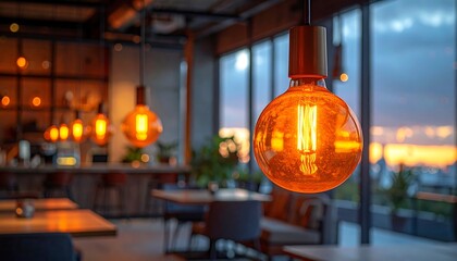 Fototapeta premium Warm interior lighting in a modern cafe