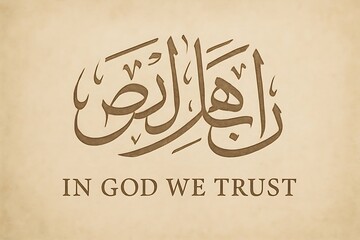 Elegant arabic calligraphy in god we trust phrase on textured parchment background