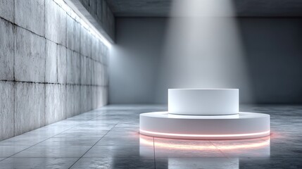 Round White Podium on Concrete Floor Minimalist Background Illuminated by a Spotlight in Industrial Setting 3d Render Scene With Geometric Shapes and Gray Walls