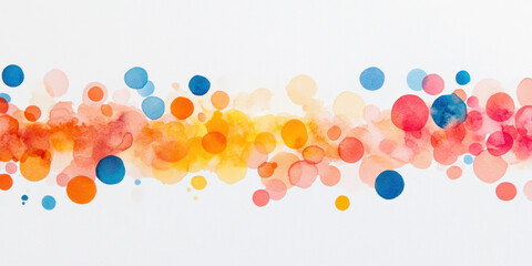 Abstract composition featuring watercolor dots and circles in warm oranges and cool blues, creating a lively splash across a clean white background.