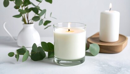 Lit Candles, Eucalyptus Branches, and White Vase on a Table