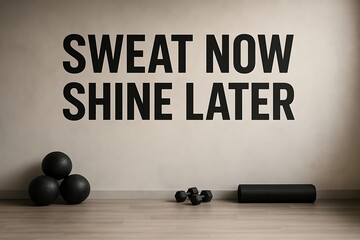 Motivational gym wall decal with inspirational quote sweat now shine later and fitness equipment on wooden floor