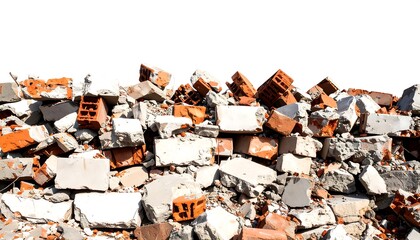 Pile of shattered red and grey bricks, rubble and stones on white background