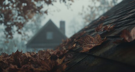 leaves on an old house roof, an autumn scene