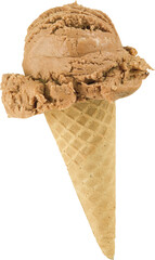 Delicious ice cream cone topped with caramel swirl and whipped cream. PNG image with transparent background (no background).