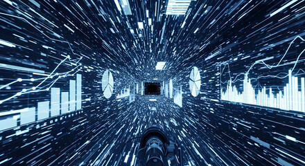 Navigating the Data Stream: A captivating visual journey through a futuristic data tunnel, adorned with dynamic charts and graphs. This stunning depiction of information flow.