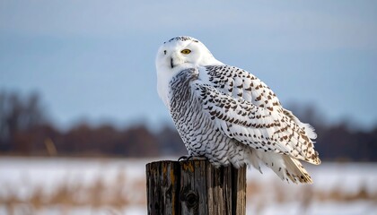 Snowy owl sits atop wooden post in a snow covered field with blue sky background
