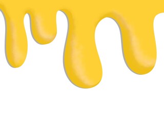 Sweet Yellow Dripping Paint or Liquid. Melted Golden Fluid Flowing Down. Abstract Bright Yellow Drips on White