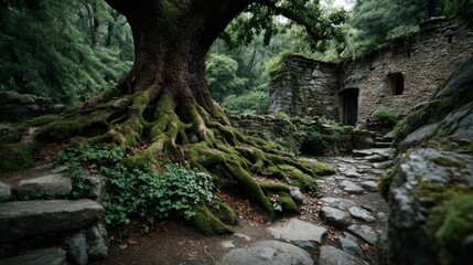 Majestic Ancient Tree with Exposed Roots in Lush Green Forest Setting