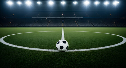 Fototapeta premium Soccer ball on field: A captivating shot of a soccer ball resting at the center of a vibrant green field, bathed in stadium lighting. The atmosphere is a prelude to intense competition.