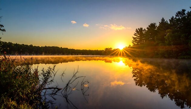 Serene sunrise over calm lake, mist rising - Powered by Adobe