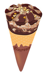 Delicious ice cream cone topped with caramel swirl and whipped cream. PNG image with transparent background (no background).