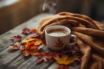 Autumn leaves and coffee cup. Fall scene. Autumn leaves