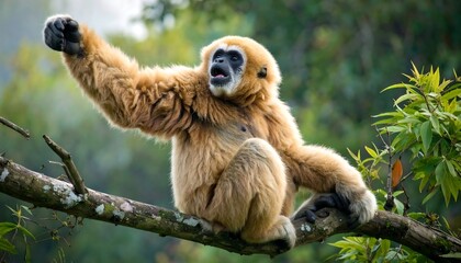 Gibbon sits on branch raising one arm up, mouth open, against lush green background