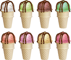 Delicious ice cream cone topped with caramel swirl and whipped cream. PNG image with transparent background (no background).