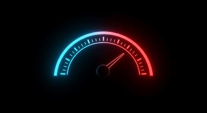 Neon Digital Gauge with Blue and Red Zones. Speed, Performance, or Data Level Indicator on Black Background. Futuristic Technology Concept.