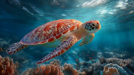 Majestic Sea Turtle Swimming in Vibrant Coral Reef Underwater Scene