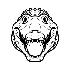 Black and white vector illustration of a crocodile head. Front view. Plain white background.