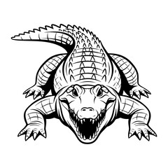 
Black and white vector illustration of a crocodile. Front view. Plain white background.
