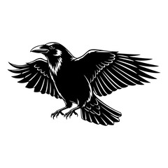 Black and white vector illustration of a crow.  Plain white background.