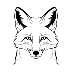 Black and white vector illustration of a fox. Front view. Plain white background.