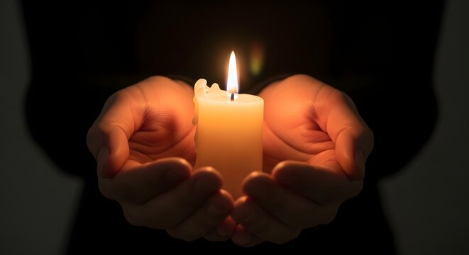 Close-up of hands holding lit candle, warm glow, dark and blurred background.