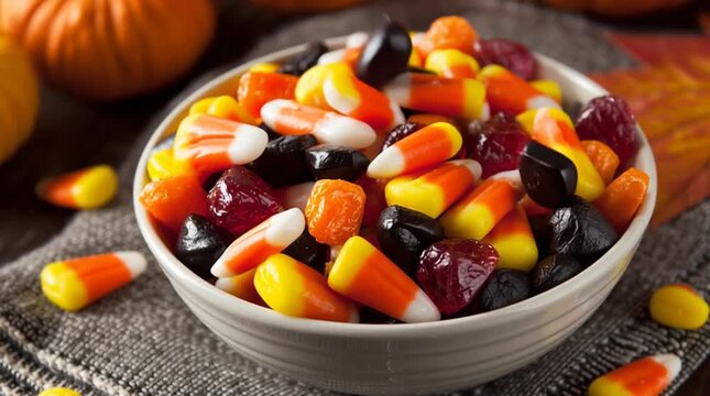 Close up of a bowl filled with candy corn, black licorice and red jelly candies on a gray cloth