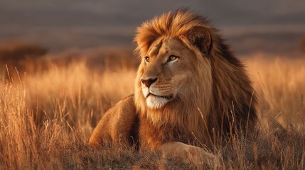 Majestic Lion Resting in Golden Grassland Under Soft Sunset Light