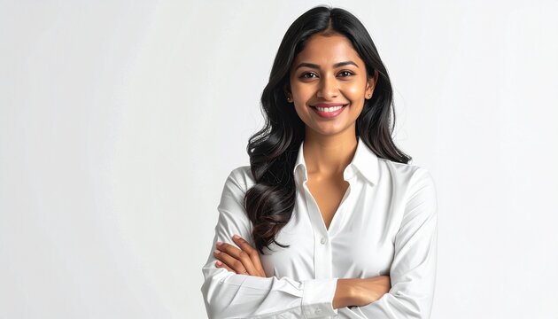 Confident and professional young Indian woman with a warm smile and arms crossed, exuding positivity and a welcoming demeanor against a bright white background