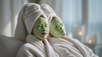 Two Women Enjoying Spa Treatment with Green Face Masks and Cozy Towels