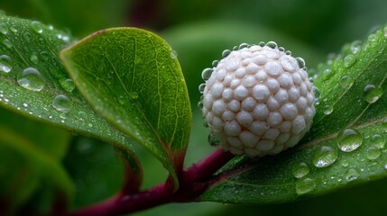 Close-Up Image of White Sphere Object on Green Leaf with Water Droplets