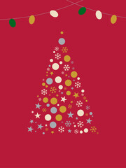 赤い背景に雪の結晶と星で形作られた華やかなクリスマスツリーカードデザイン
