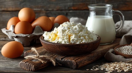 Fresh Dairy Products with Eggs and Oats on Rustic Wooden Surface