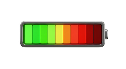 Battery charge level indicator with colorful segments from green to red, showing full to empty status