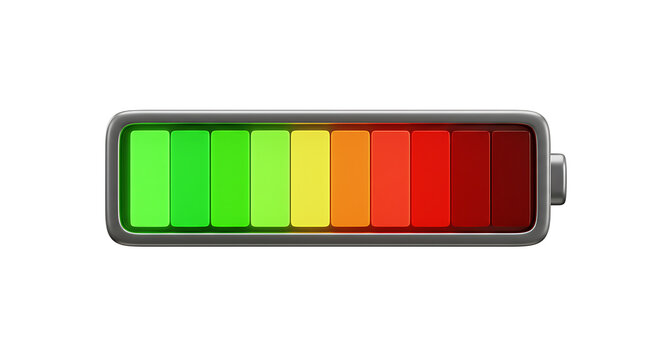 Battery charge level indicator with colorful segments from green to red, showing full to empty status